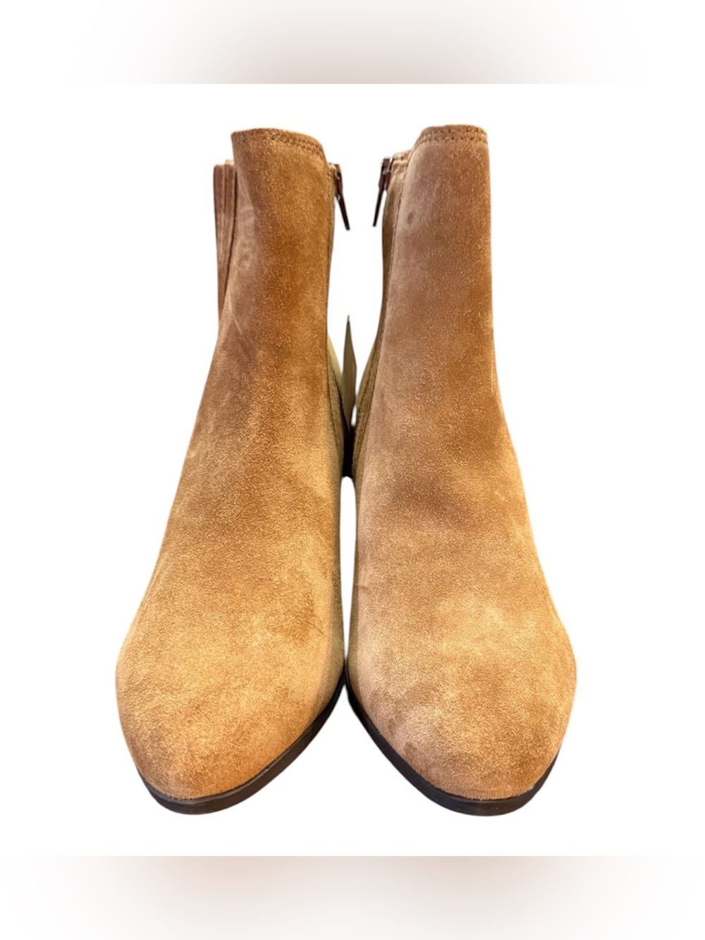 Frye Sandra Suede Chelsea Ankle Boots Cognac Brown Stacked Block Heel Size 7.5 - Picture 4 of 13